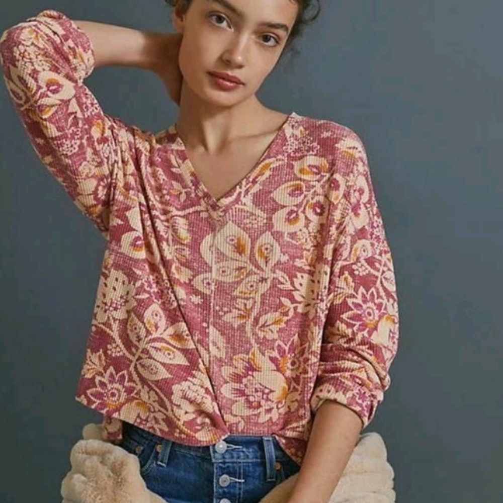 Pilcro Thermal Top XS Floral Oversized Waffle Knit Boho Layers Spring Bohemian